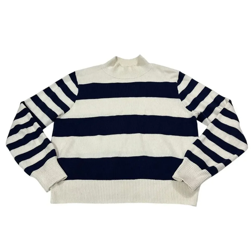 J.Crew Womens Medium Striped Mockneck Sweater Nautical Preppy Coastal Cotton